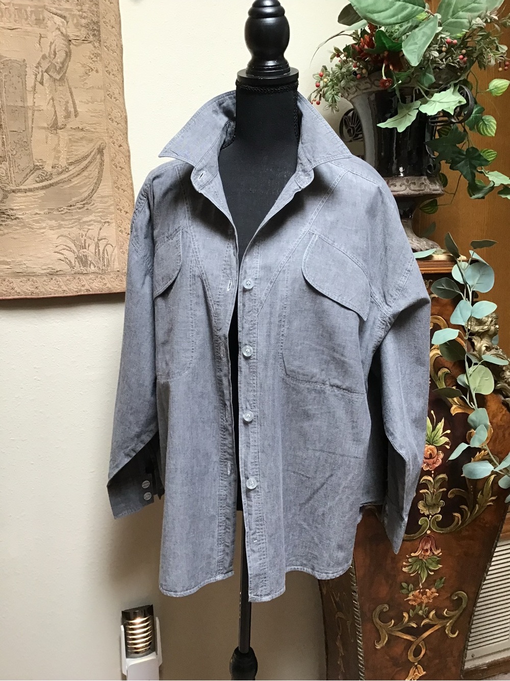 Women's Gray Button-Front Utility Shirt Blouse